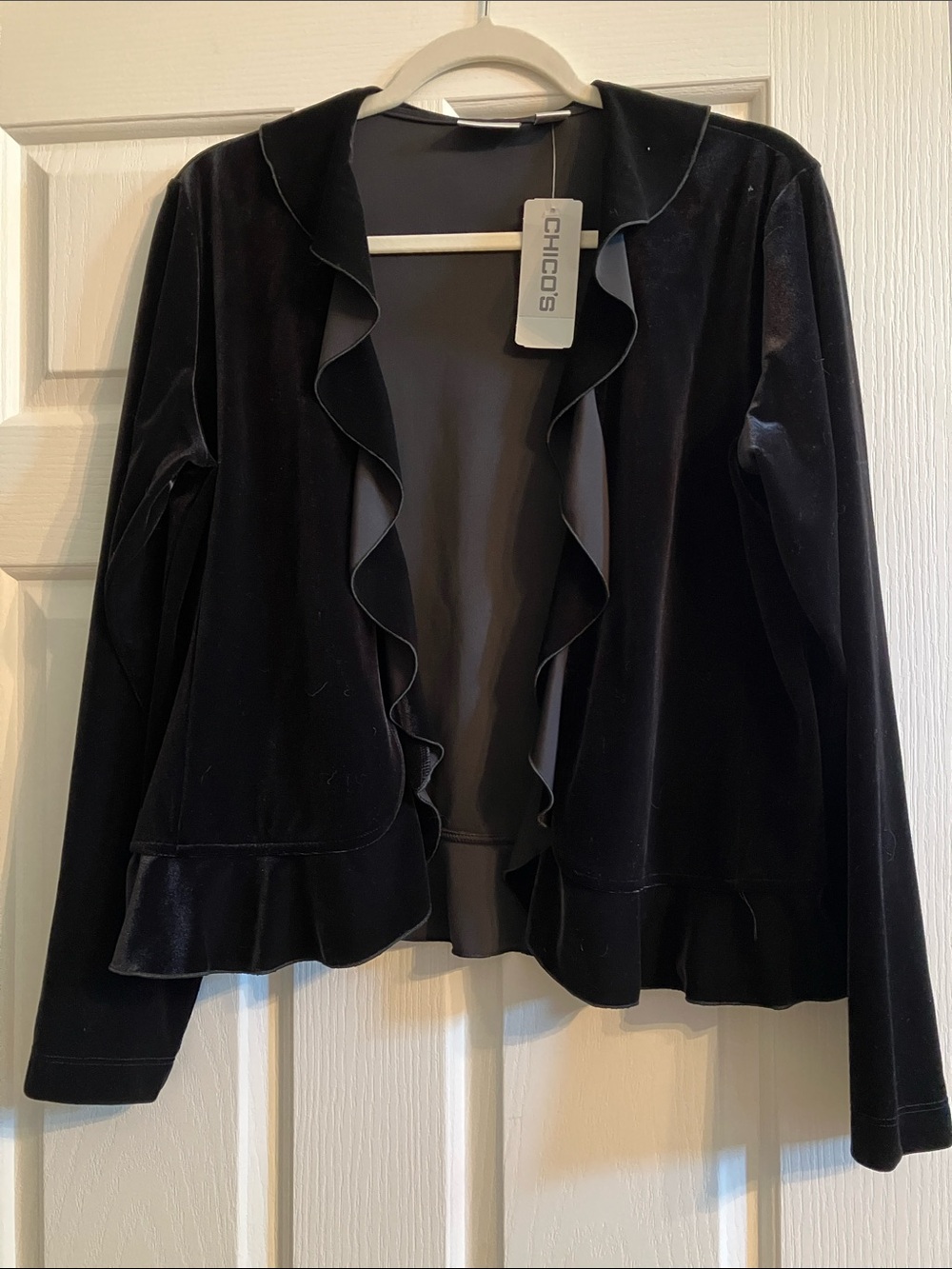 Chico's Black Velvet Ruffle-Front Open Blazer